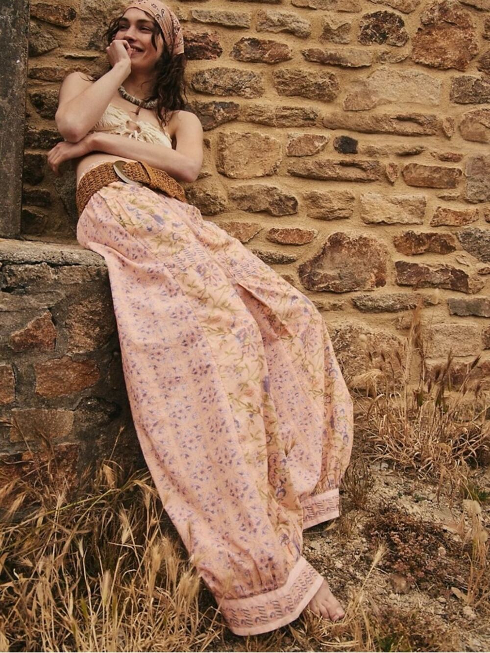 Free People Bohemian Wide Leg Lantern Laurel Canyon Pants Apricot Combo Large